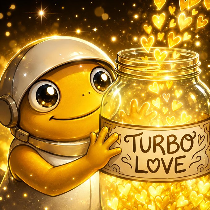 A cheerful golden astronaut emoji in a space helmet cradles a glowing jar labeled "TURBO LOVE," filled with sparkling golden hearts. The whimsical image playfully visualizes the call to action of filling the "$TURBO Love jar" with heart emojis, symbolizing community affection for the $TURBO token.