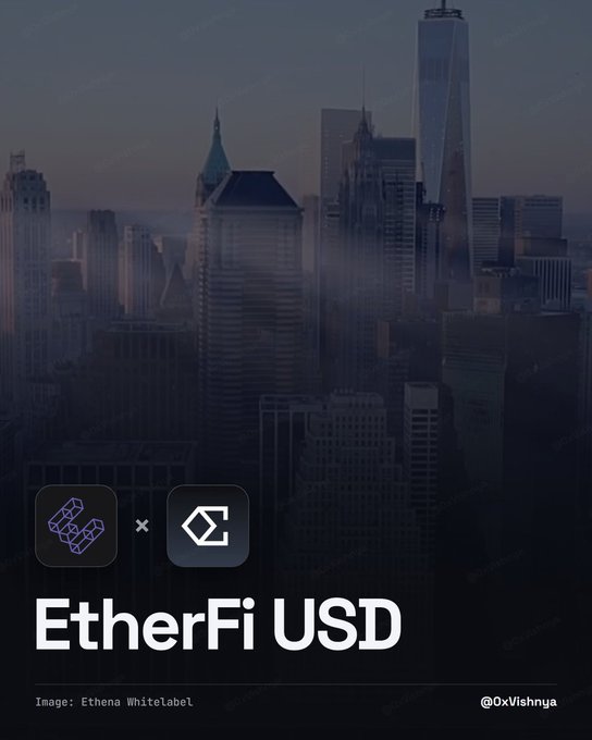A dark promotional graphic shows a city skyline behind crypto branding for “EtherFi USD,” with “Image: Ethena Whitelist” and “@0xVishyga” visible.