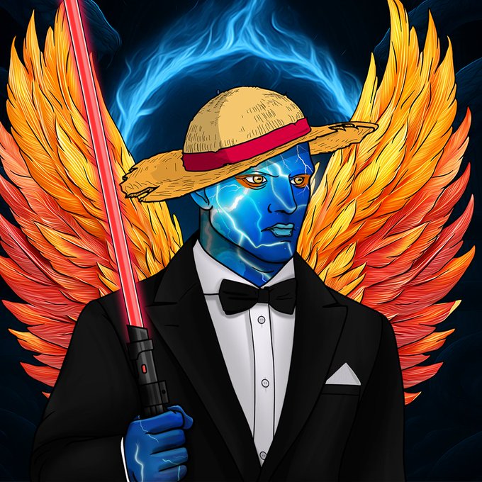A vibrant anime-style digital artwork of a blue-skinned male character in a formal black tuxedo and straw hat, holding a red lightsaber with fiery orange angel wings behind him.