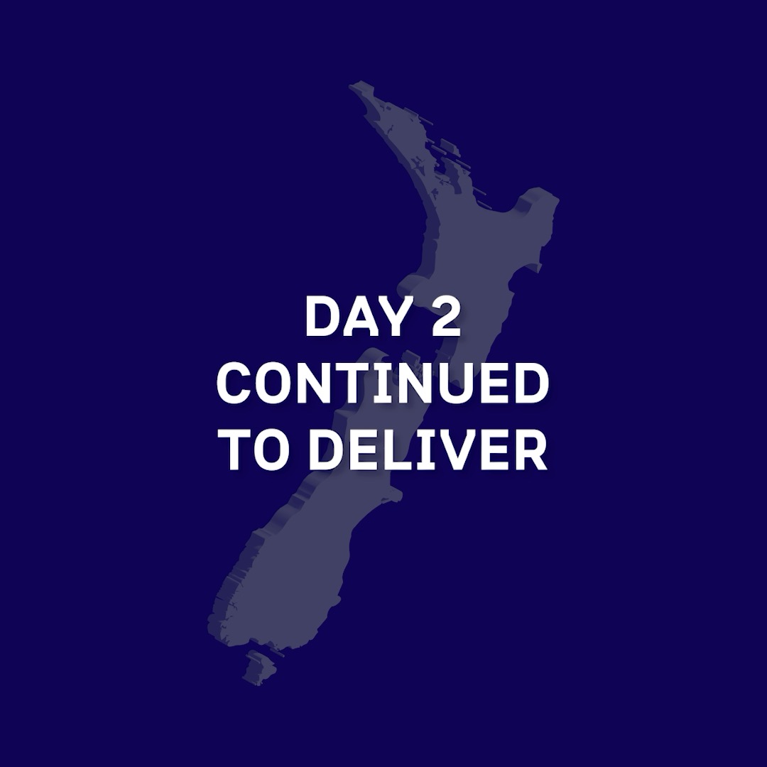 A dark blue graphic featuring a silhouette map of New Zealand with bold white text reading 'DAY 2 CONTINUED TO DELIVER' overlaid across the center.
