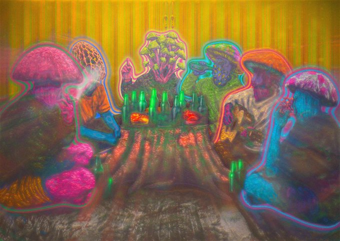 A vibrant, psychedelic digital painting of mushroom-headed humanoid figures sitting around a table with bottles and fruit, rendered in neon pink, green, and orange tones with a glitchy aesthetic.