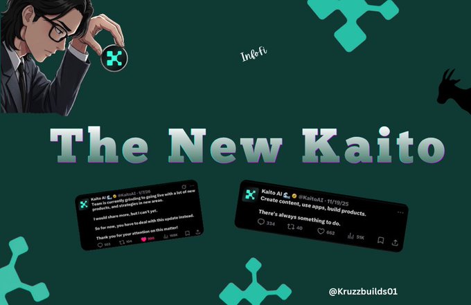 The image features a man wearing glasses holding up a coin with a message that reads "The New Kaito" written above him. The background of the image has a green color, and there are several other elements present such as a bird, a goat, and some text in the form of a hashtag (#infi).