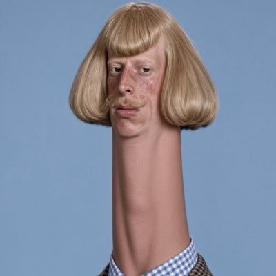 A surreal 3D-rendered figure features an elongated neck topped with a bob-cut blonde hairstyle and a mustache, set against a solid blue background.