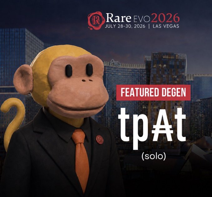 A person wearing a monkey mask with an orange tie poses in front of a Las Vegas skyline, with promotional text reading "Rare EVO 2026, July 28-30, 2026 | Las Vegas" and "FEATURED DEGEN tpAt (solo)." The image serves as a fun "roll call" announcement teasing attendees about who might appear at the upcoming Rare EVO 2026 event.