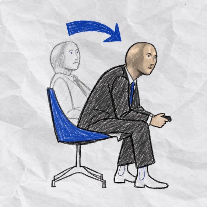 A hand-drawn illustration shows a suited figure with an elongated face sitting on a blue chair, with a faded pencil sketch of a person appearing behind them and a curved blue arrow above.