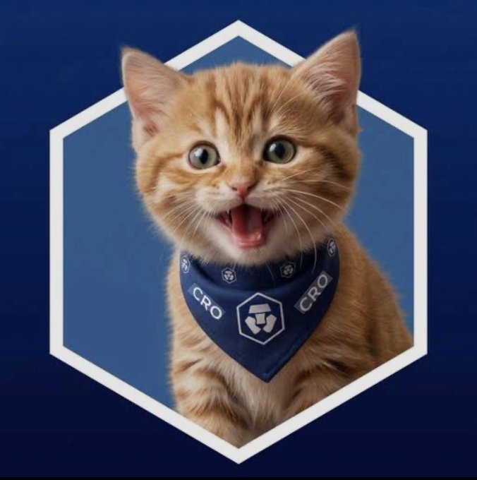 An orange tabby kitten with its mouth open wearing a blue CRO (Cronos) bandana, set against a hexagonal blue and white badge design.