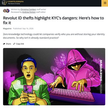 A Cointelegraph magazine article titled "Revolut ID thefts highlight KYC's dangers: Here's how to fix it," written by Christina Comben and reviewed by Matteo Renz, is illustrated with a cartoon depicting a hooded hacker at a computer targeting a worried smartphone user, visually representing how identity verification data collected for security can become a vector for theft and extortion.
