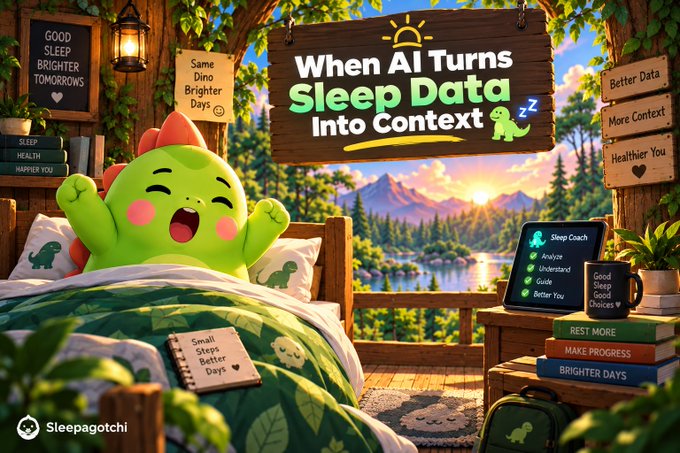 A vibrant illustrated advertisement for Sleepagotchi featuring a green dinosaur character waking up in bed, with the text 'When AI Turns Sleep Data Into Context' on a wooden sign, surrounded by motivational signs like 'Same Dino, Brighter Days' and 'Better Data, More Context, Healthier You'.