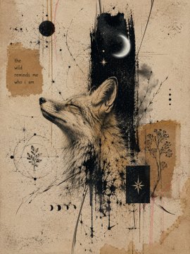 The image features a sketch of a fox's head with its eyes closed, surrounded by various elements such as stars, leaves, and a crescent moon. The fox appears to be looking up at the sky or something above it. The background is a mix of brown and black colors, giving the impression that the fox is in space or on top of a mountain. There are also some words written around the image, including "Happy #TezosTuesday Available piece's on messy collage collection falling in love 1/1 47 $XTZ Wild Heart, Quiet Mind 6 $XTZ Grab your and make it SOLD OUT".