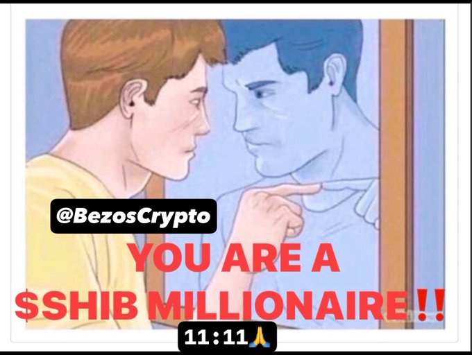A cartoon image of a blonde man looking at his reflection in a mirror, pointing at it. Text overlays read "@BezosCrypto", "YOU ARE A $SHIB MILLIONAIRE!!", and "11:11 🙏".