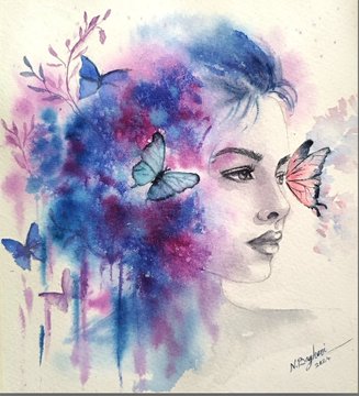 A watercolor and pencil illustration of a woman's face in profile surrounded by colorful purple and blue splashes with butterflies.