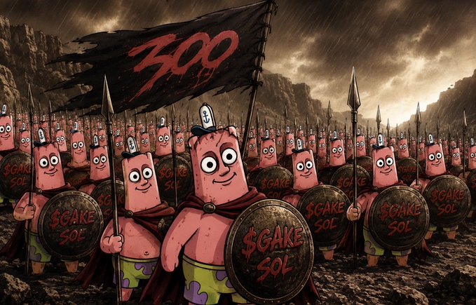 A parody of the "300" Spartan battle scene featuring Patrick Star soldiers carrying shields branded with "$GAKE SOL" and a tattered flag displaying "300," illustrating the celebratory post about surpassing 300 members in the $GAKE community.