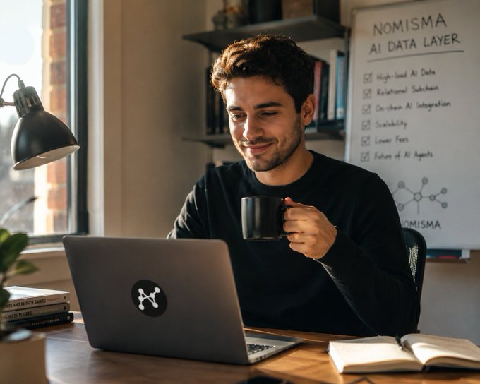 A smiling man with brown hair sits at a desk holding a mug, working on a laptop with a visible logo, next to a whiteboard displaying 'NOMISMA AI DATA LAYER' and related feature checkmarks.