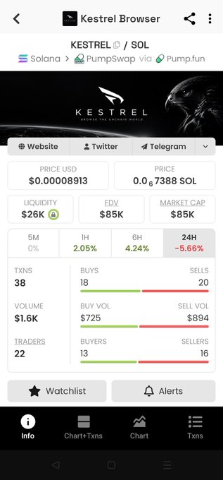 A mobile crypto tracker app showing KESTREL token on Solana via Pump.fun, with a price of $0.00008913, market cap of $85K, and 24H price change of -5.66%.
