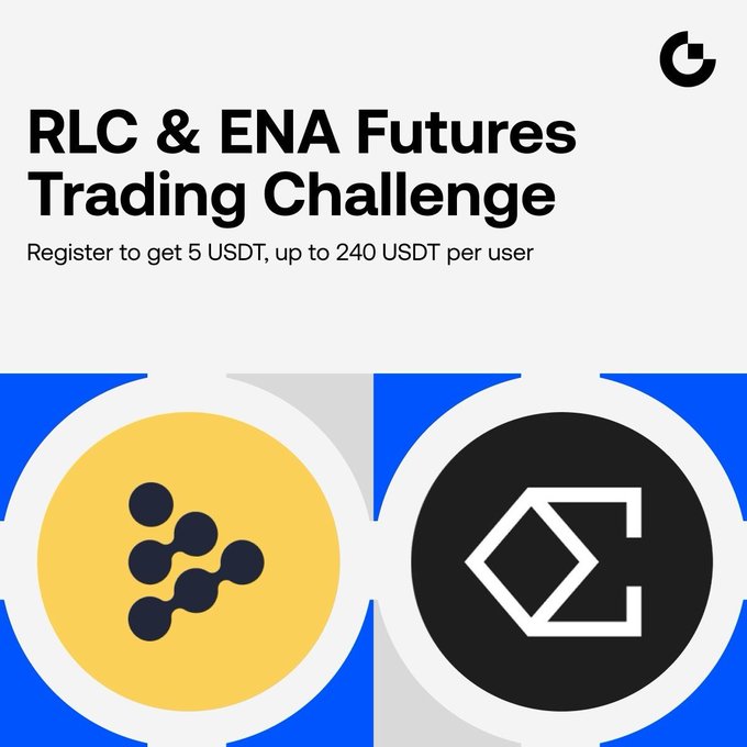 A cryptocurrency promotional banner for an 'RLC & ENA Futures Trading Challenge' offering up to 240 USDT per user, featuring the iExec RLC and Ethena ENA coin logos.