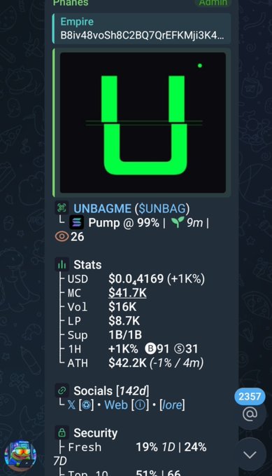 A screenshot of a cryptocurrency tracking interface showing the token "UNBAGME ($UNBAG)" with stats including a price of $0.4169, market cap of $41.7K, and volume of $16K, with a large green 'U' logo.