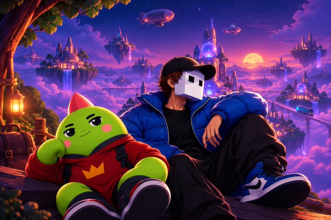 A masked youth in a blue puffer jacket and black cap sits alongside a cute green cat-like creature wearing a red hoodie, both perched against a fantastical backdrop of floating sky islands, glowing castles, blimps, and a sunset over clouds—evoking the dreamy, game-like aesthetic of Sleepagotchi's virtual world as it expands into the broader Gotchi Labs Consumer AI ecosystem.
