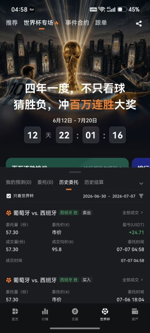 A Chinese-language mobile betting app screenshot showing a World Cup promotion '四年一度，不只看球' with a countdown timer and betting odds for a Portugal vs. Spain match.