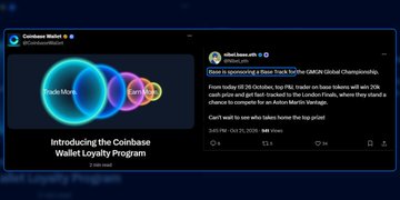 A dark screenshot of a Coinbase Wallet social post advertises the “Coinbase Wallet Loyalty Program” with colorful ring graphics.
