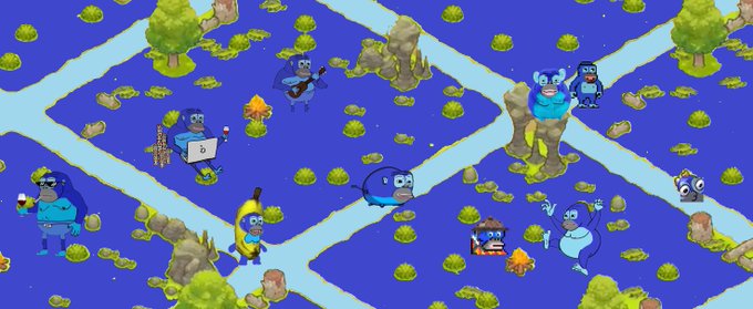 The image features a cartoon-like scene with blue characters, including a group of people standing around each other. The background consists of a river running through the center of the scene, surrounded by rocks and trees. There are also some small figures of animals in the area. The caption to the image reads "Just In TerrARIUM OR NANARIUM? THANKS @AxieInfinity FOR DA COLLAB".