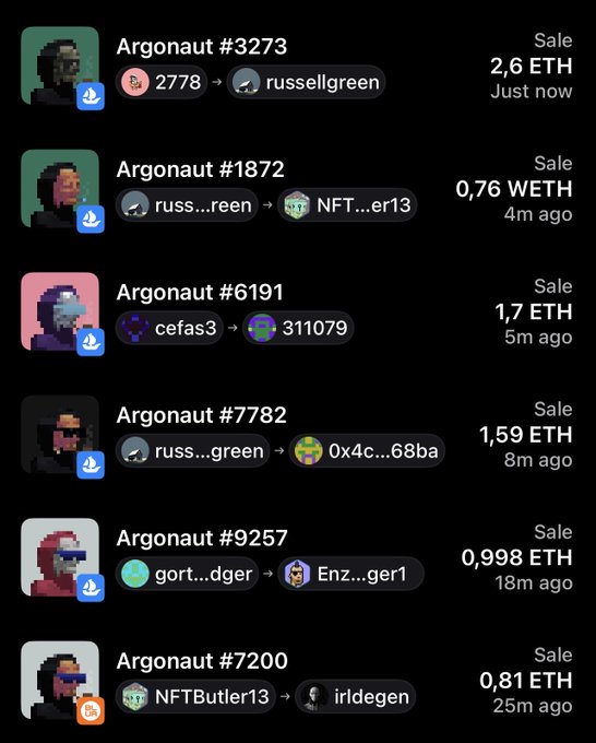 A list of Argonaut NFT sales showing recent transactions in ETH/WETH, including sales like Argonaut #3273 for 2.6 ETH and Argonaut #1872 for 0.76 WETH.
