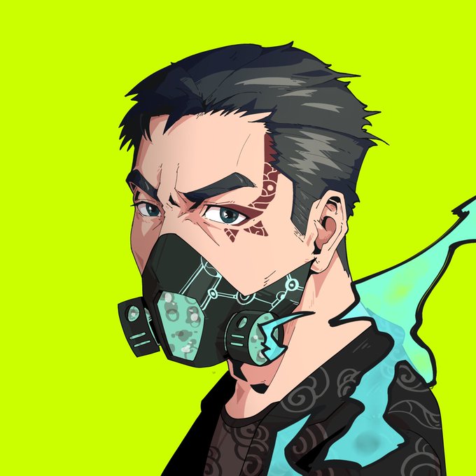 A stylized portrait shows a dark-haired man wearing a black respirator mask and patterned clothing against a bright neon-green background. The post promotes a “15x GTD GIVEAWAY,” offering 15 GTD spots via @TheMerchantt_, with entry steps to follow, like, repost, and comment an EVM wallet.