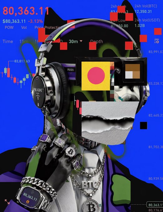 A vibrant digital collage featuring a person wearing Prada headphones and a smartwatch displaying '80,363.11', set against a blue background overlaid with a Bitcoin (BTC) price chart showing a -3.13% change and a price of $80,363.11.