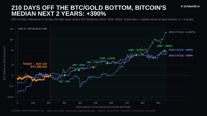 The chart titled "210 Days Off the BTC/Gold Bottom, Bitcoin's Median Next 2 Years: +390%" by @AdamBliv tracks BTC/USD returns (indexed to 1×) from the BTC/Gold ratio low across three prior cycles (2015, 2019, 2022), showing median returns of +43% at 6 months, +120% at 12 months, +275% at 18 months, and +390% at 24 months from day 210, with BTC currently priced at $85,016 on day 210 of the current cycle. The accompanying post highlights the bullish historical setup as Bitcoin reaches this same 210-day milestone off the BTC/Gold ratio bottom.