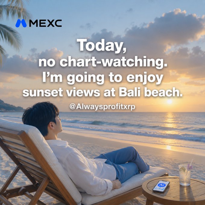 The image features a man sitting in a beach chair at sunset with his phone beside him, enjoying the view while using MEXC AI for chart-watching purposes. The caption suggests that someone might prefer watching MEXC chart over actually charting, as there are multiple options available on the screen but no actual chart displayed.