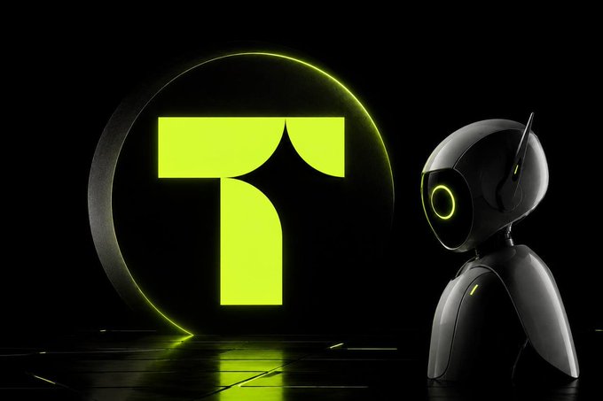 A glowing lime-green "T" logo within a circle sits beside a sleek black robot, visually representing Tirea AI's focus on agentic AI infrastructure. The striking match between the logo's neon hue and the robot's circular "eye" reinforces the post's theme of powering autonomous agents with economic fuel for reasoning and tool execution.