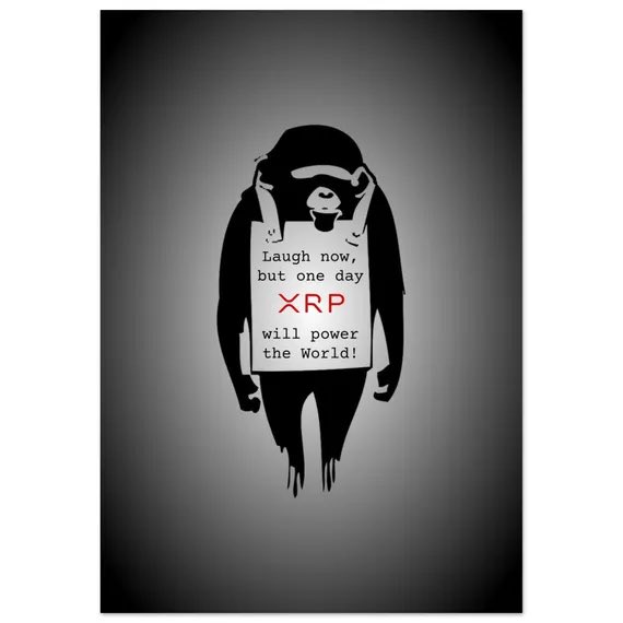 A black silhouette of a person holding a sign that reads 'Laugh now, but one day XRP will power the World!'.