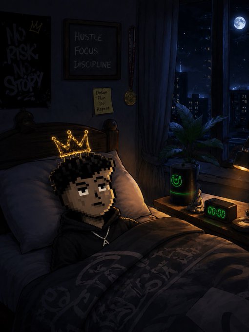 Pixel art of a character with a glowing crown lying in bed in a dark room with motivational posters reading 'HUSTLE FOCUS DISCIPLINE' and 'No Risk No Story'.