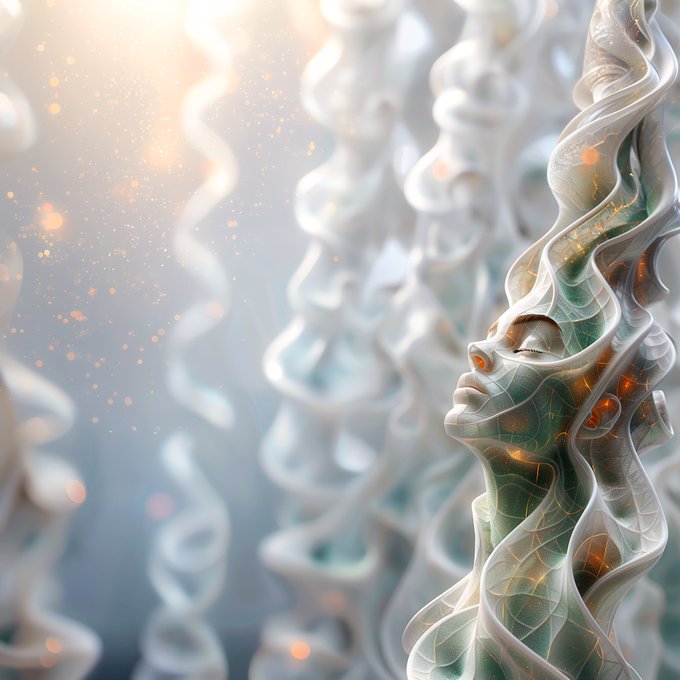 An ethereal 3D rendering of a serene humanoid figure with flowing, sculptural white hair and green glowing accents, set against a dreamy, sparkly background.
