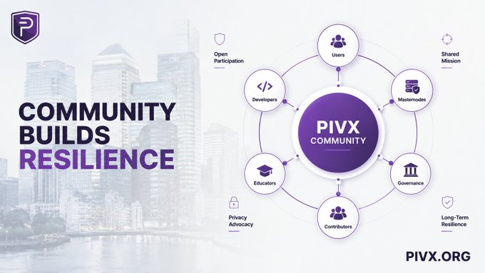 The image features a poster with a cityscape background that includes buildings of various sizes and shapes. The main focus of the poster is a purple circle containing eight different icons representing aspects of community building, such as privacy, self-custody, open participation, developers, educators, and everyday users. The text on the poster reads "A strong community is one of the most important foundations of any decentralized network PIVX continues to benefit from contributors, masternode voters, developers, educators, and everyday users who support privacy, self-custody, and open participation".