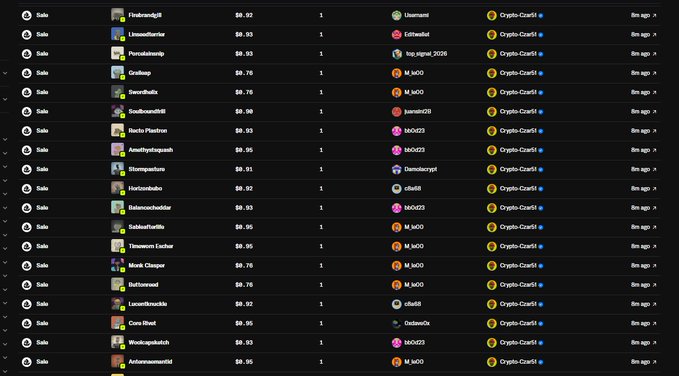 A dark-themed trading interface shows multiple completed Solax token sales with various buyers and M_wOO/solx08 wallet connections paying in Crypto-CzarSi currency.