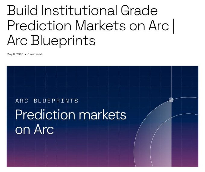 The image features a graphic advertisement for a platform called "ARC Blueprint Markets" that offers prediction markets. The poster displays two circles, one larger than the other against a dark blue background, which serve as a visual representation of the marketplace. Below this design, there is text providing information about the platform and its capabilities.