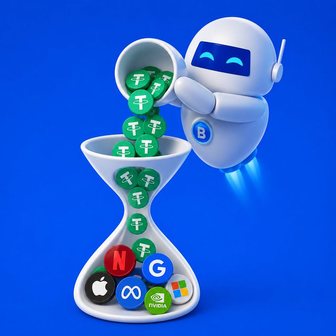 The image features a white robot with blue eyes and arms holding a small white hourglass filled with green and red cryptocurrency tokens, specifically Bitcoin. The robot appears to be pouring the tokens into the hourglass while floating above it. The scene takes place against a blue background, which complements the color scheme of the tokens in the hourglass.