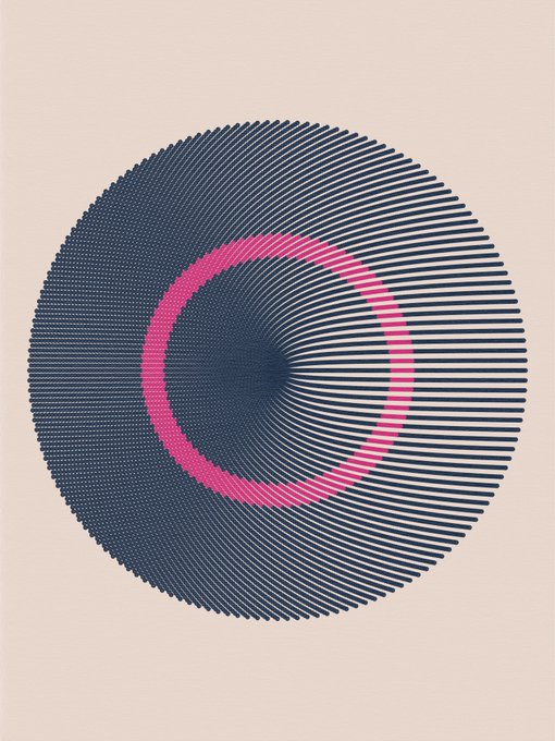 A minimalist geometric design showing a dark blue circular form composed of radiating lines on a cream background, with a bright pink ring intersecting its center.