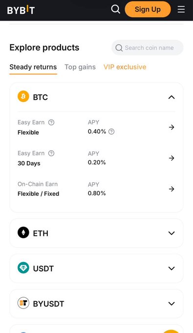 Mobile app screenshot of BYBIT's 'Explore products' page showing cryptocurrency staking options including BTC (Easy Earn Flexible 0.40% APY, 30 Days 0.20% APY, On-Chain Earn Flexible/Fixed 0.80% APY), ETH, USDT, and BYUSDT.