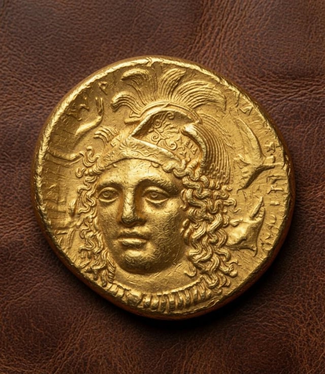 A photograph displays a gold coin or medallion featuring the face of Athena with her crested helmet, set against a brown leather background.