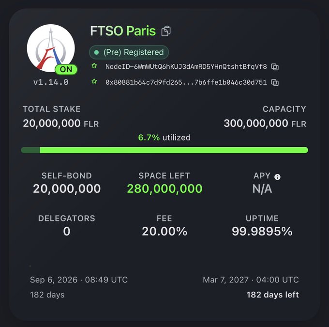 A dashboard for an FTSO Paris validator node shows a total stake of 20,000,000 FLR with 6.7% capacity utilized and 182 days left.