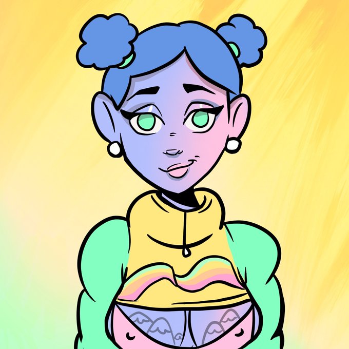A digital illustration of a stylized character with blue pigtails, purple skin, and large green eyes, wearing a yellow and green top with pink patterned shorts, set against a yellow and green gradient background.