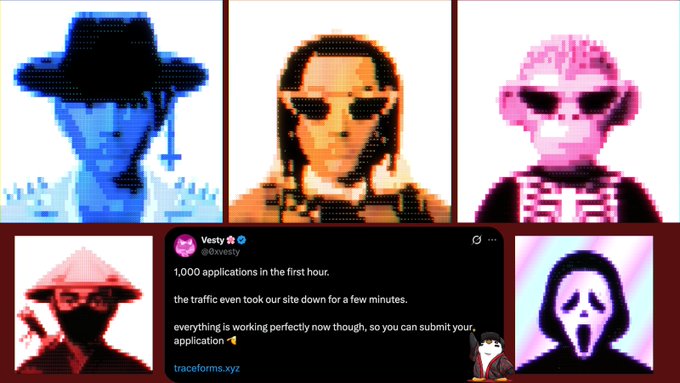 A collection of pixelated character portraits surrounds a tweet from 'Vesty (@xvesty)' stating '1,000 applications in the first hour... you can submit your application' from traceforms.xyz.