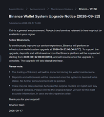 a Binance support page screenshot titled "Binance Wallet System Upgrade Notice (2026-09-22)" announcing infrastructure upgrades that will pause deposits and withdrawals starting at 08:00 (UTC) on 2026-09-22.