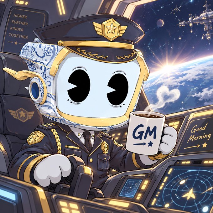 Cartoon illustration of a robot character in a military-style pilot uniform holding a 'GM' mug with heart-shaped steam, set inside a spaceship cockpit with text 'HIGHER FURTHER KINDER TOGETHER' and 'Good Morning' visible.