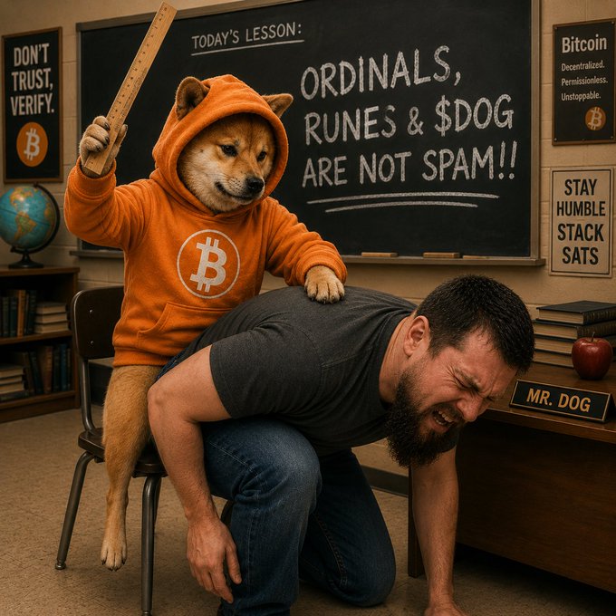 A humorous meme image featuring a Shiba Inu dog in a Bitcoin hoodie wielding a ruler over a man bent over a desk labeled "MR. DOG," with a chalkboard reading "TODAY'S LESSON: ORDINALS, RUNES & $DOG ARE NOT SPAM!!" and Bitcoin-related posters on the walls.