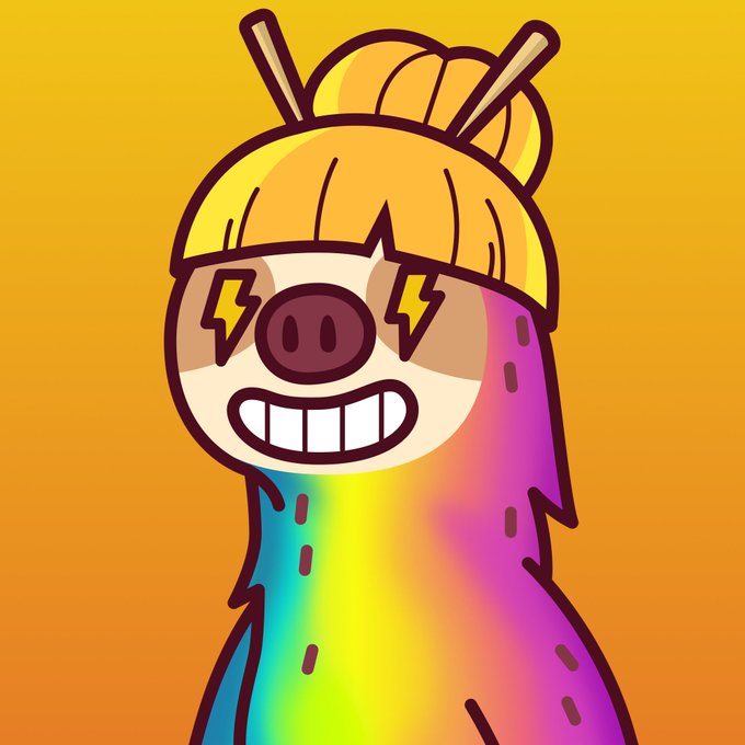 A cartoon illustration of a pig-like character with a yellow hair bun, wide toothy grin, lightning bolt eyes, and a vibrant rainbow-colored body against an orange background.