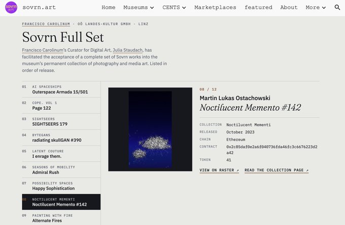 A screenshot of the sovrn.art website displaying the 'Sovrn Full Set' curator collection, featuring Martin Lukas Ostachowski's 'Noctilucent Memento #142' on the Ethereum blockchain.