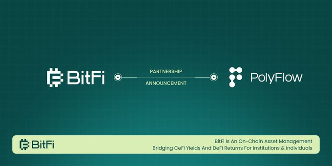 The image is a partnership announcement banner featuring the BitFi and PolyFlow logos connected by the text "Partnership Announcement" in the center, with BitFi described as "An On-Chain Asset Management" platform "Bridging CeFi Yields And DeFi Returns For Institutions & Individuals." The visual reinforces the post's announcement of a new collaboration between BitFi and Polyflow_PayFi to explore PayFi liquidity and cross-chain opportunities.