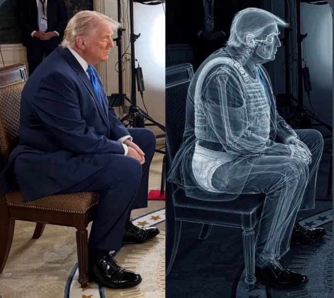 The image shows Donald Trump seated in a chair, with the right side displaying an X-ray view revealing what appears to be a bulletproof vest underneath his suit. The post references the U.S. freezing $131 million in Iranian cryptocurrency, suggesting the image symbolizes protection from both physical and financial threats in the crypto space.